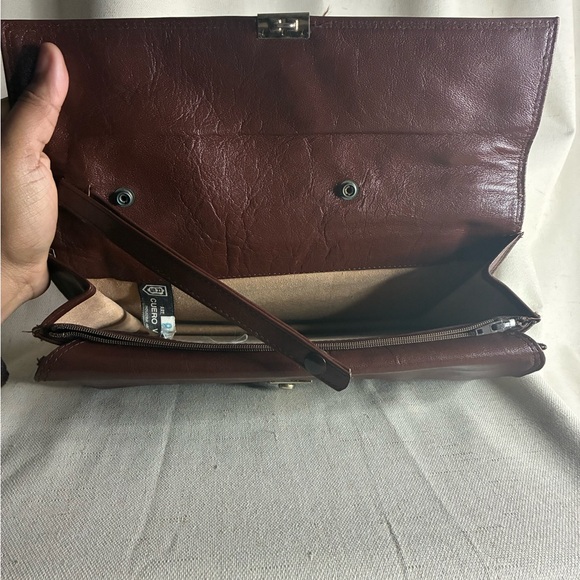 Vintage Genuine Leather Envelope Clutch Bag Brown Lock Closure - Picture 3 of 4